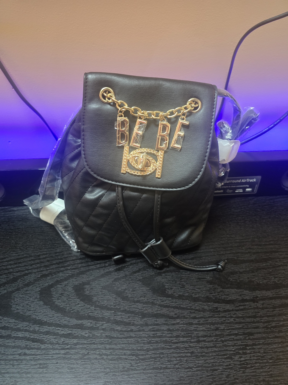 BEBE Black Quilted Mini Backpack with Gold Chain Accent-NWT